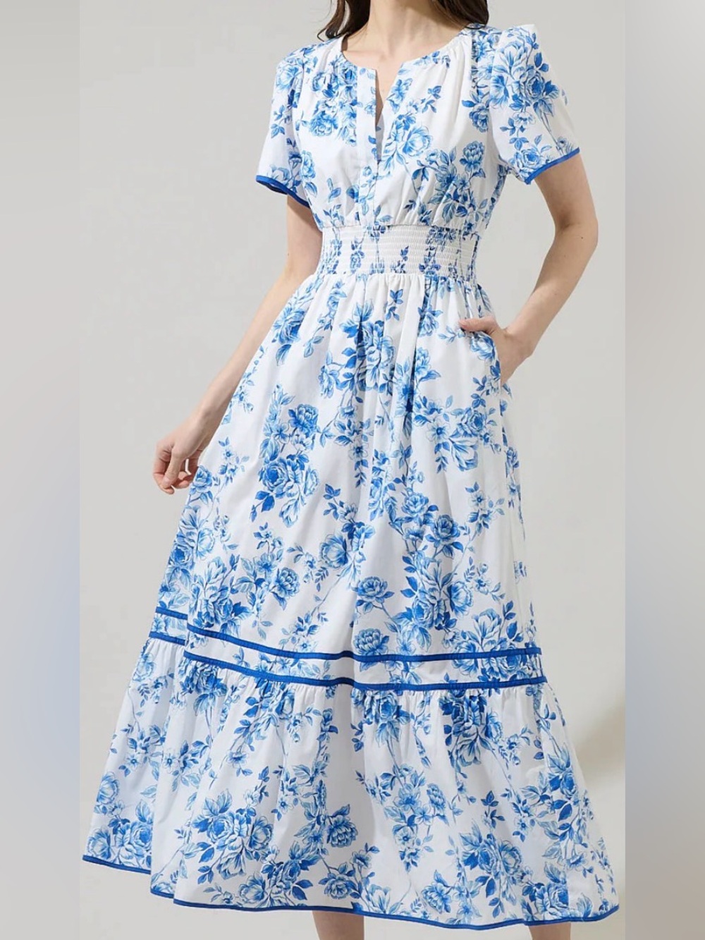 Sugarlips Juba Floral Ordy Smocked Midi Dress White with Blue Floral Print